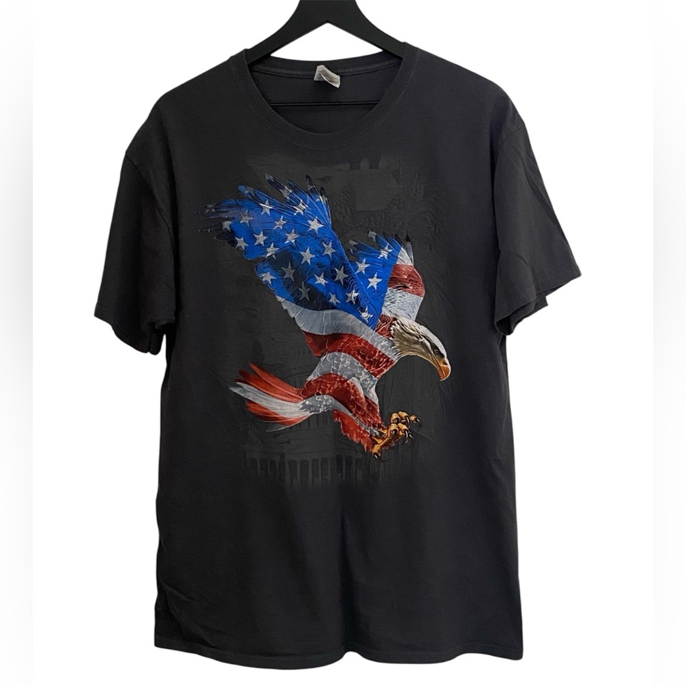 Fruit of the Loom Bald Eagle American Flag Men’s Gray/Blue T-Shirt Size …